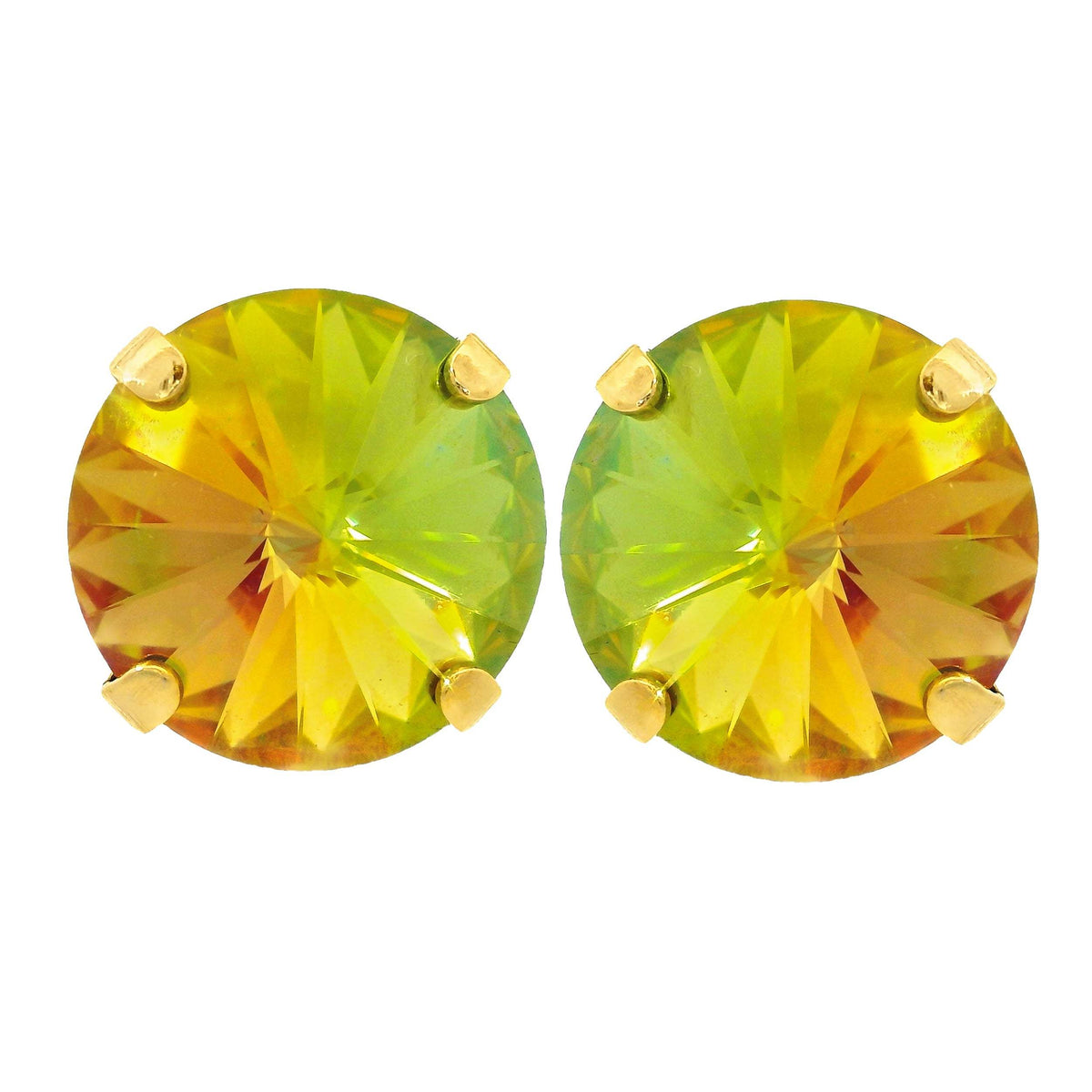 Antique gold-plated stud earrings with large clear crystals on surgical steel posts.
