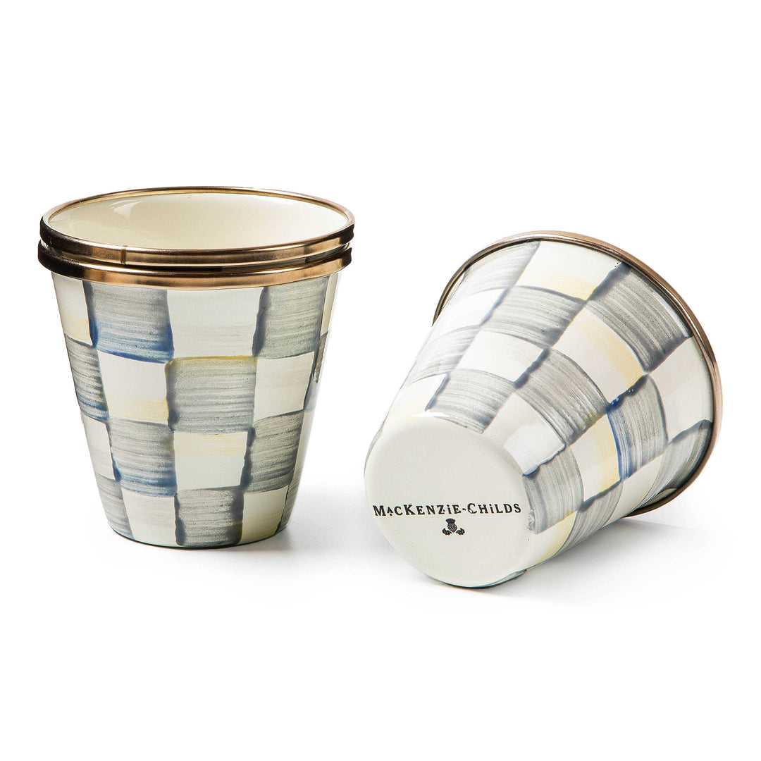 Sterling Check enamel herb pot with hand-painted grey and white checks and a bronzed rim.
