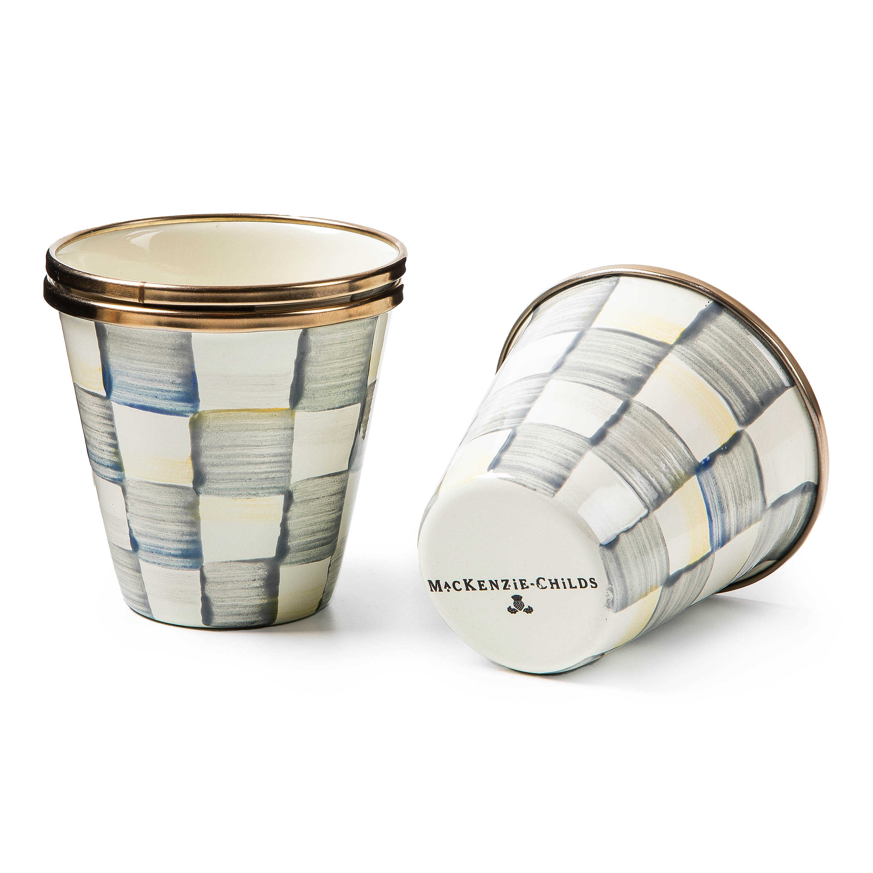Sterling Check enamel herb pot with hand-painted grey and white checks and a bronzed rim.
