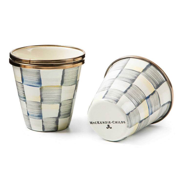 Sterling Check enamel herb pot with hand-painted grey and white checks and a bronzed rim.