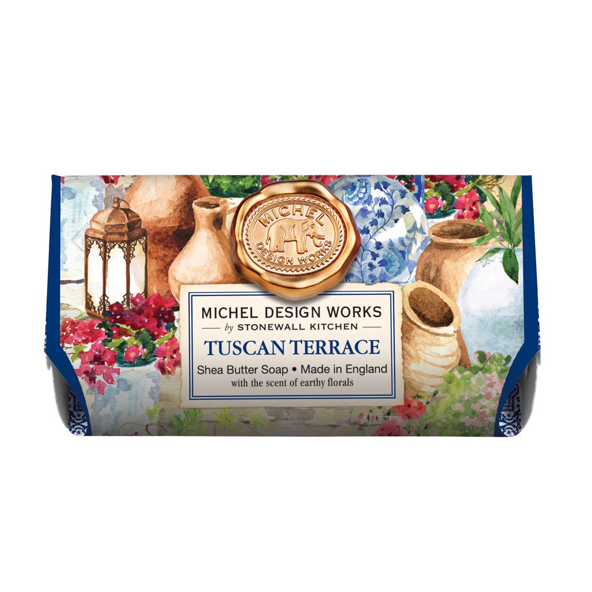 Michel Design Works Tuscan Terrace shea butter soap bar with floral and pottery illustration.