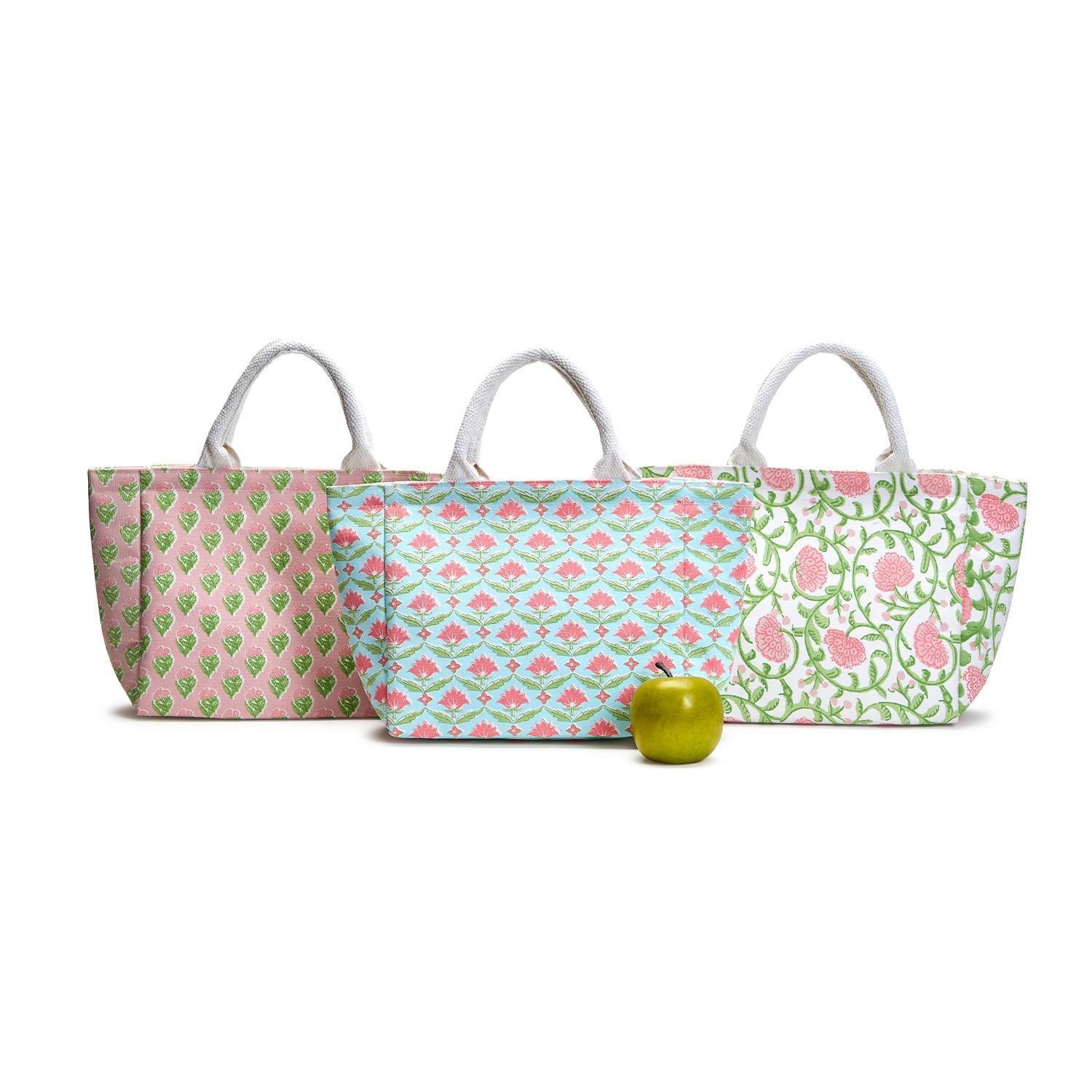 Cotton floral block print lunch tote bag with a rectangular shape.