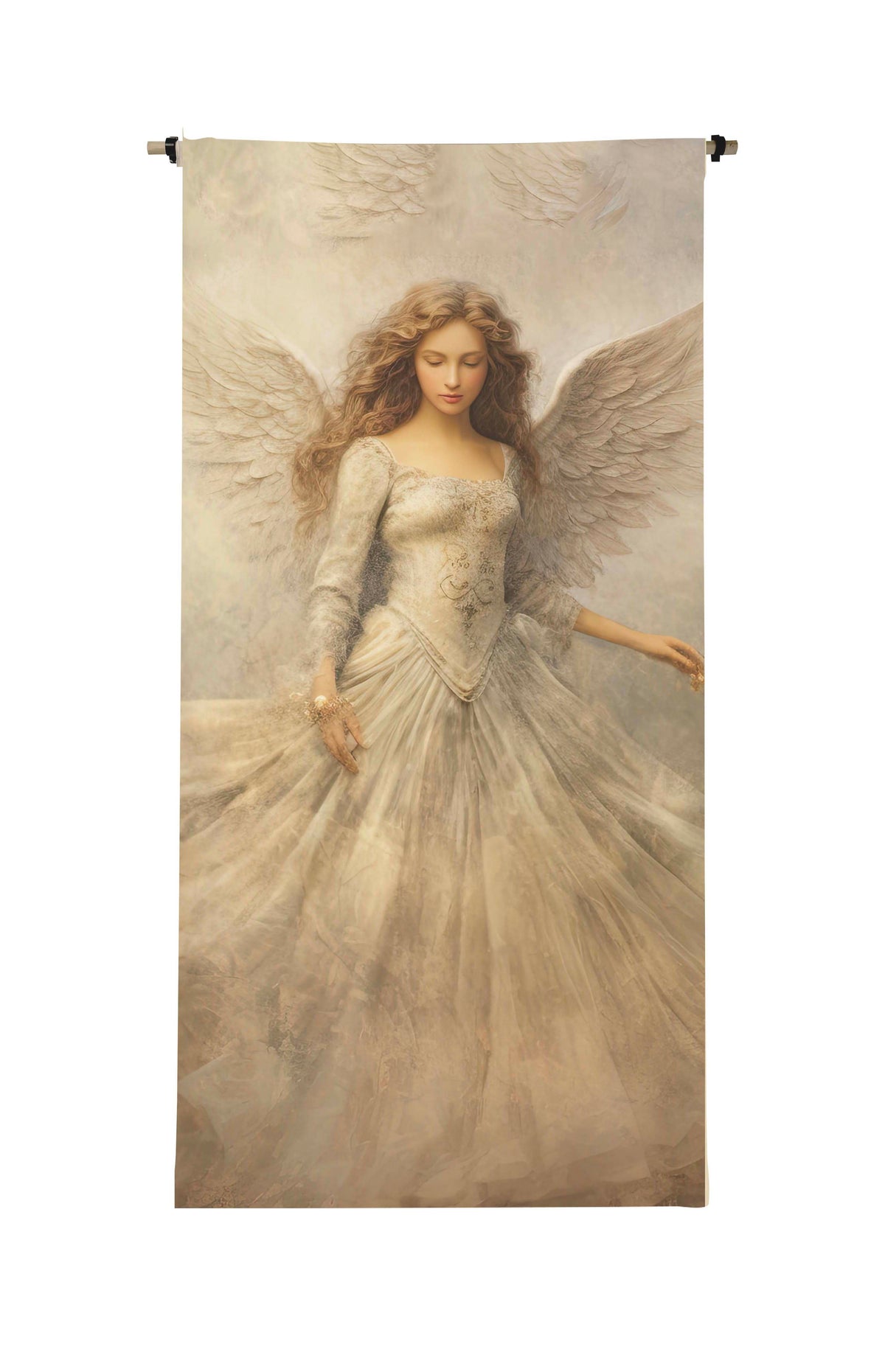 Right Angel Canvas Scroll featuring a winged woman in a flowing white gown on a textured background.