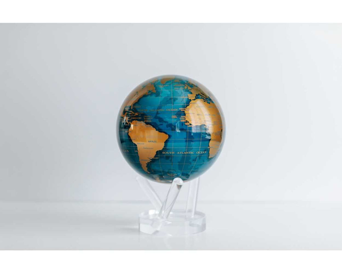 6-inch terrestrial globe with dark blue oceans, gold continents on a matching base.
