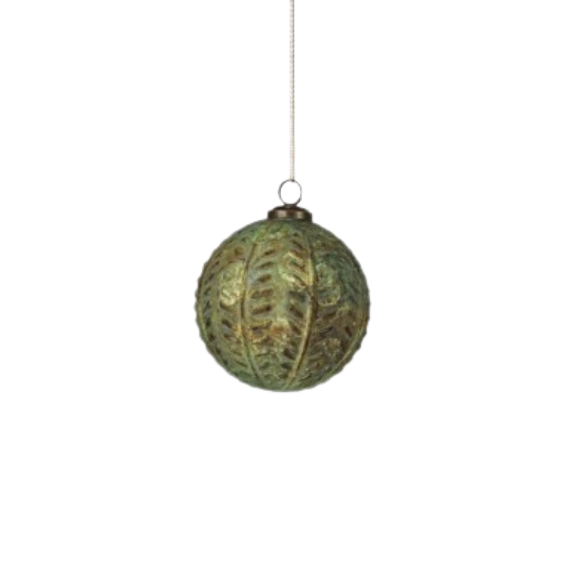 5-inch antique green check pattern ball ornament with a vintage aged finish and hanging string.