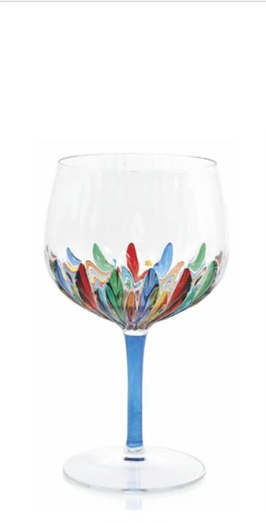 Incanto Large Wine glass with a blue stem and colorful hand-painted feather-like patterns on the bowl