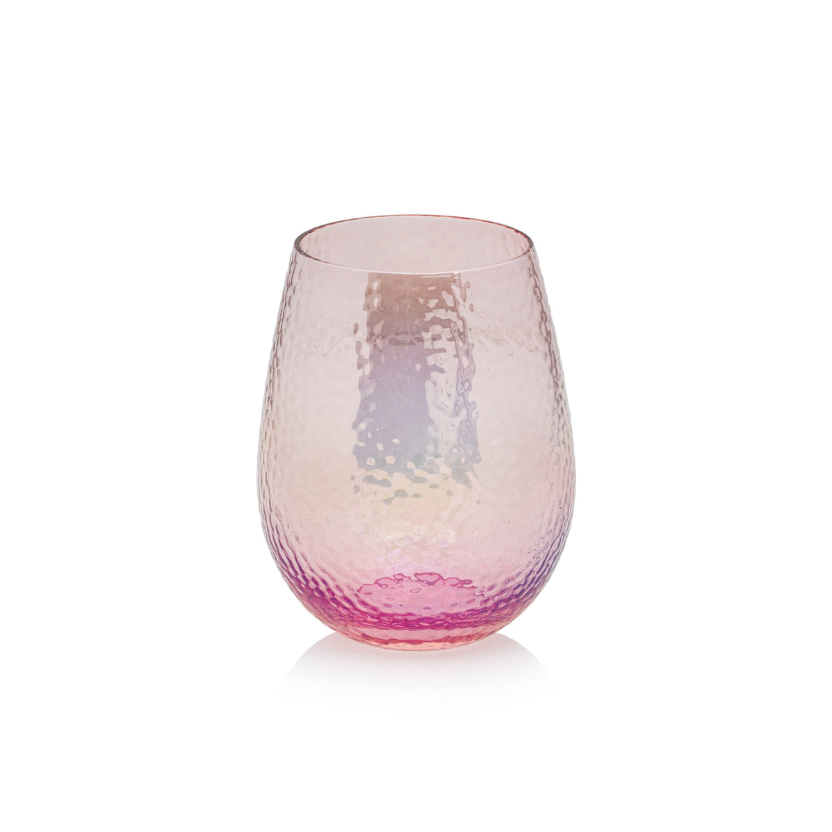 Aperitivo stemless all-purpose glass with a pink gradient and hammered texture.