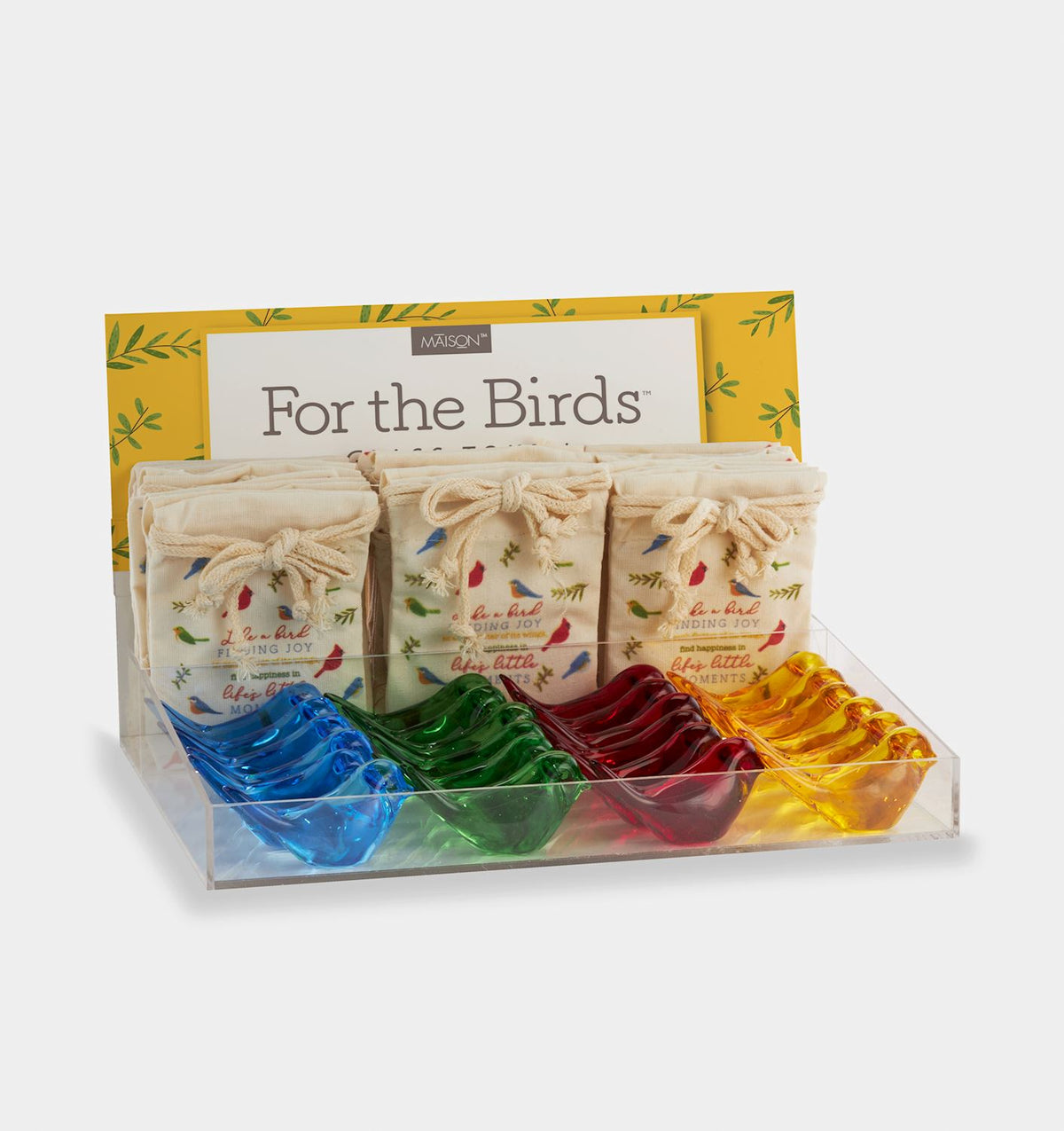 Glass Bird Token figurine with a translucent glass bird perched on an acrylic stand.