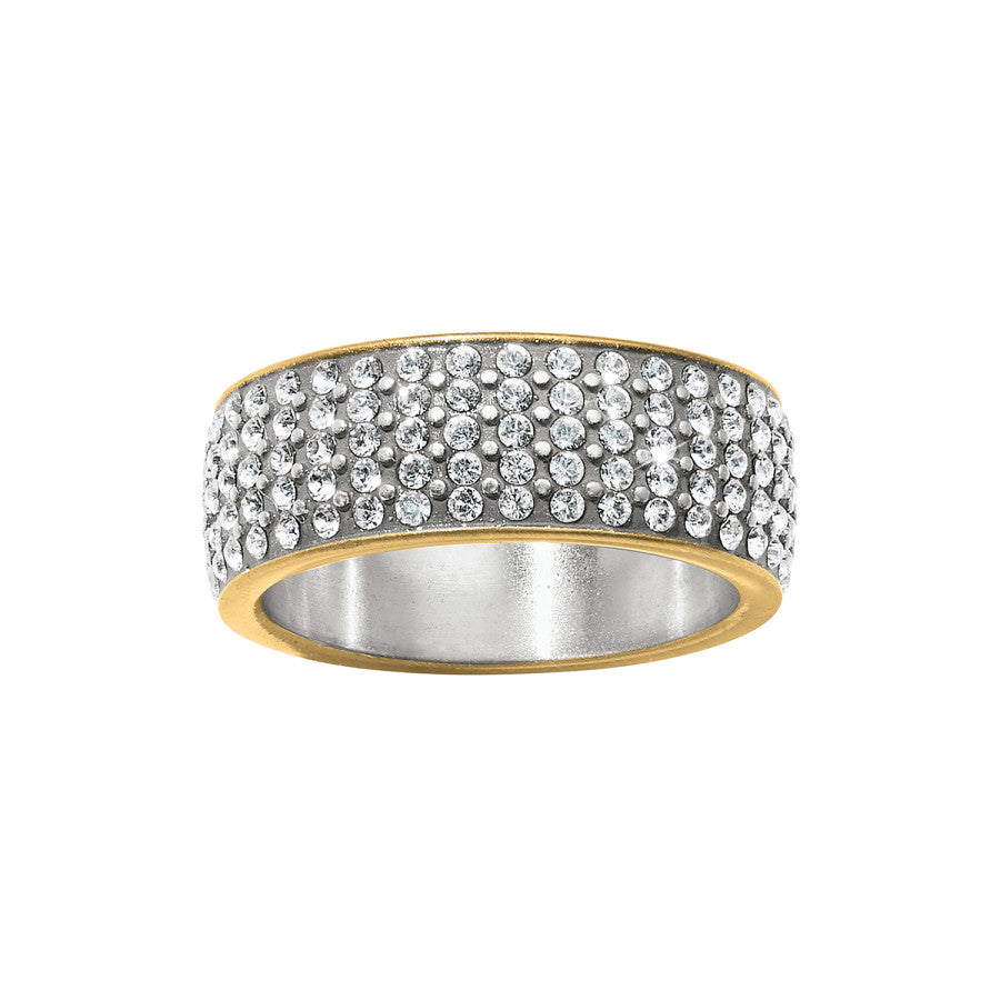 Meridian two-tone ring with five rows of fine quality crystals and gold-colored edges.