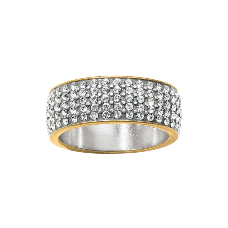Meridian two-tone ring with five rows of fine quality crystals and gold-colored edges.