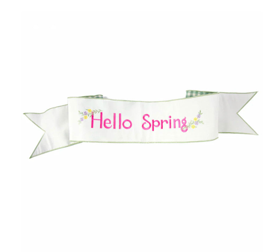Canvas Hello Spring Check backing banner with a floral check pattern on polyester fabric.