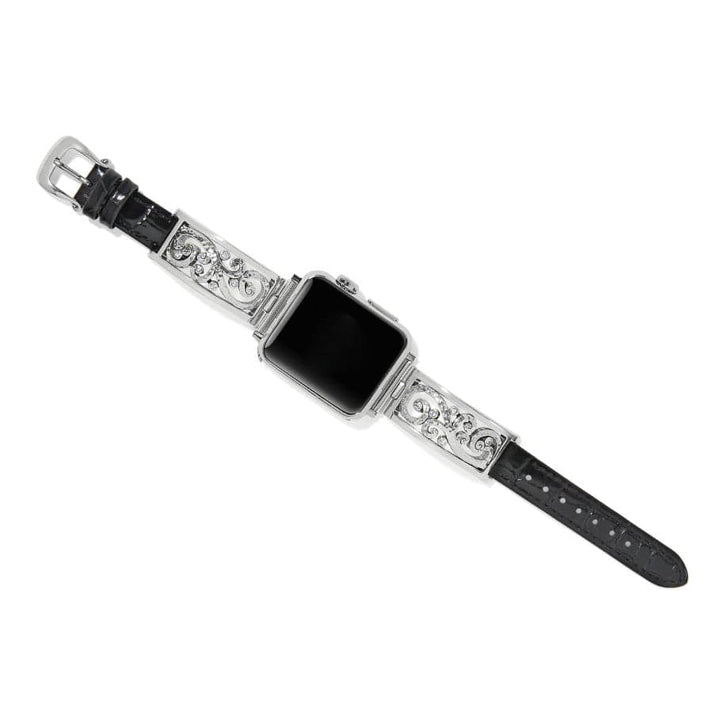Irvine Watch Band in Silver-Black with silver-plated scrollwork cuff and black leather strap.