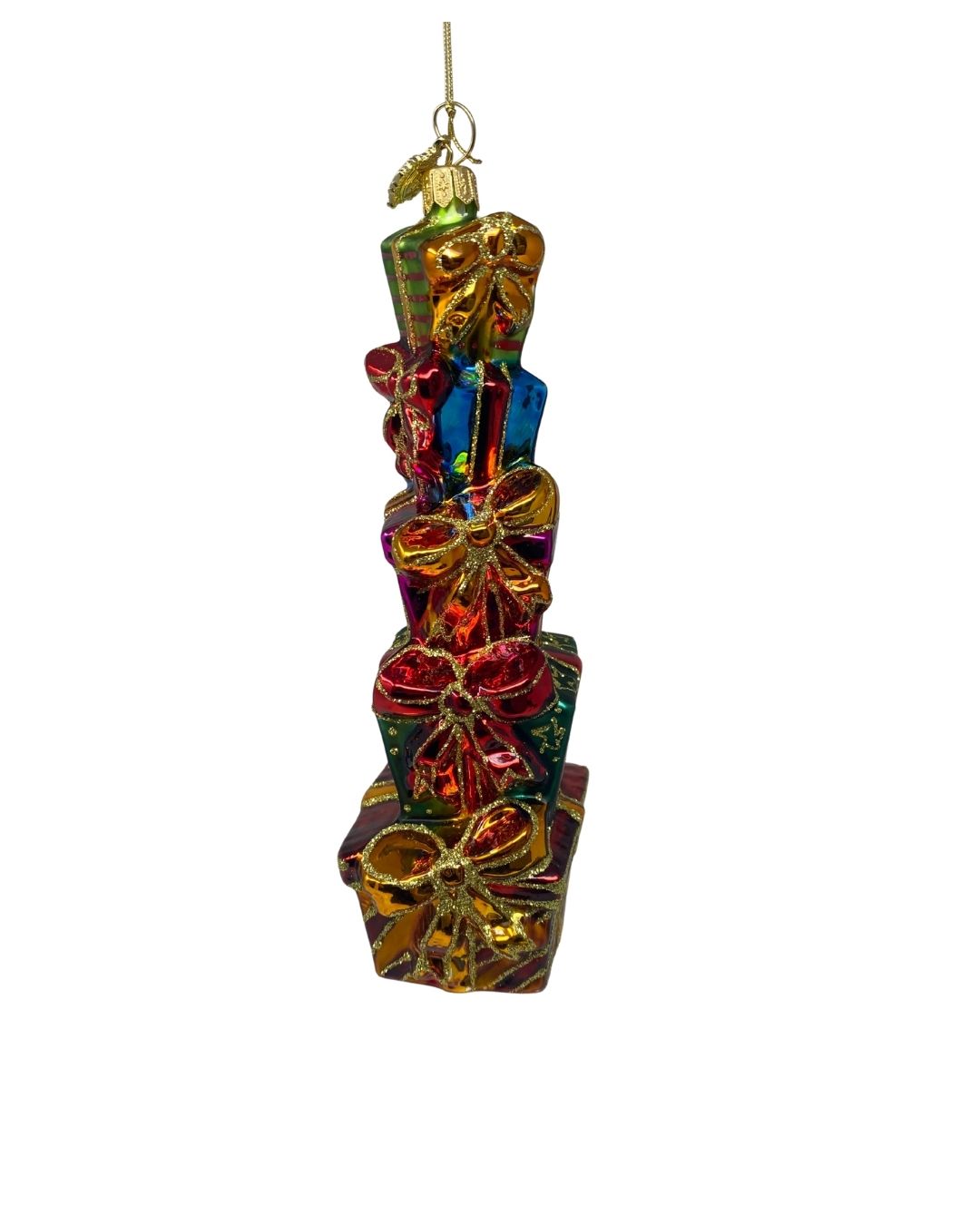 Colorful glass Christmas ornament featuring a stack of five glittery gift boxes with bows.