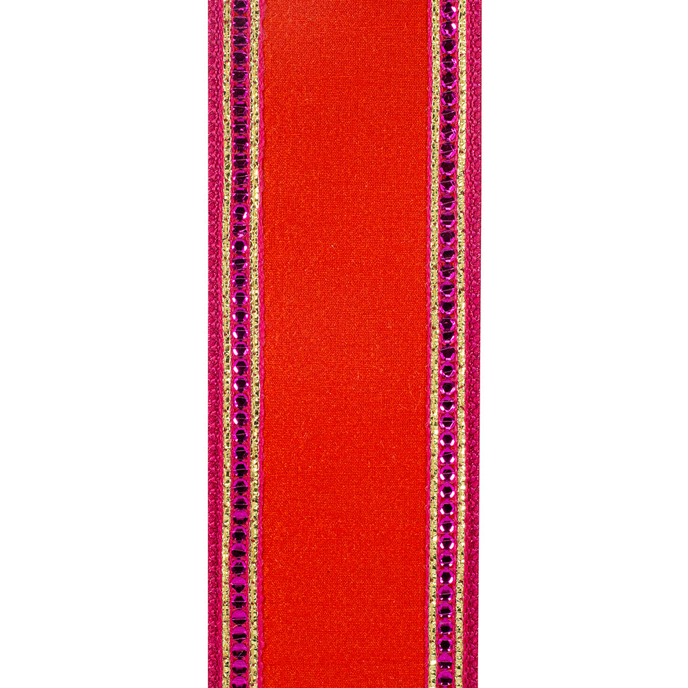 Red Dupioni wired edge ribbon with pink sequin trim and gold striped borders.