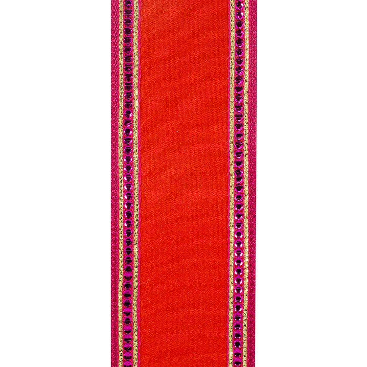 Red Dupioni wired edge ribbon with pink sequin trim and gold striped borders.
