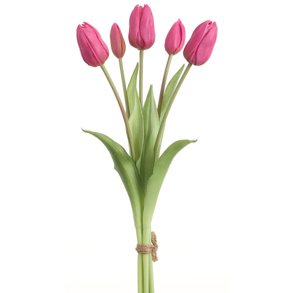 Sixteen-inch artificial Dutch tulip bouquet with realistic petals in a wire frame structure.