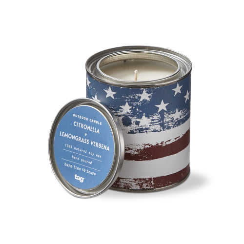Hand-poured citronella candle in a lidded metal tin with exclusive artwork featuring orange and peach scent notes.