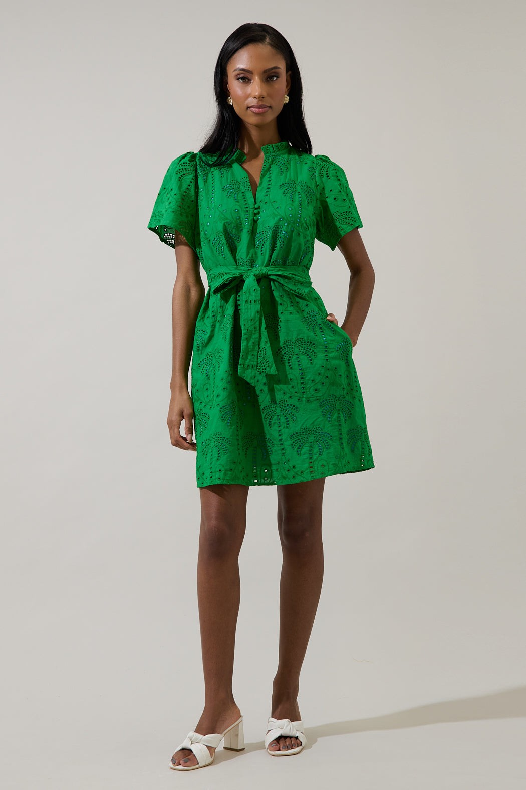 Ema Shift Mini Dress Palms Eyelet