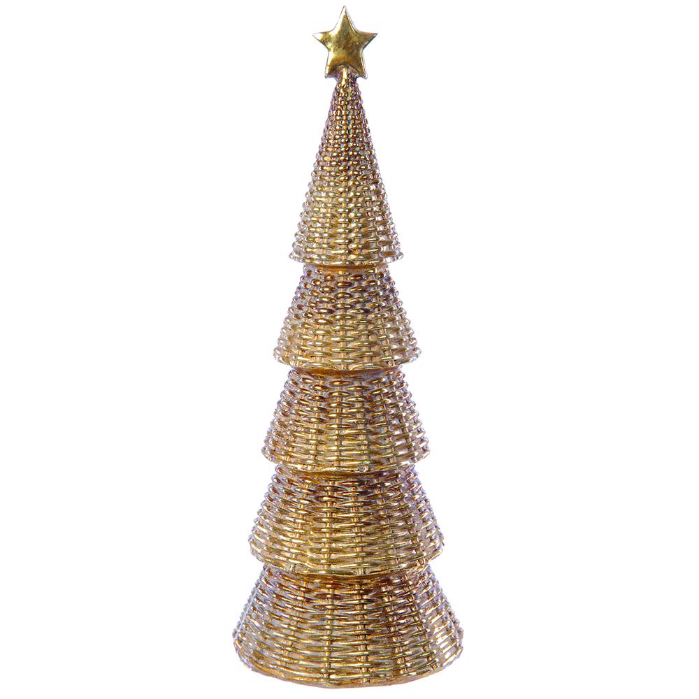 12-inch gold star topiary tree made of polyresin with a textured, tiered design.
