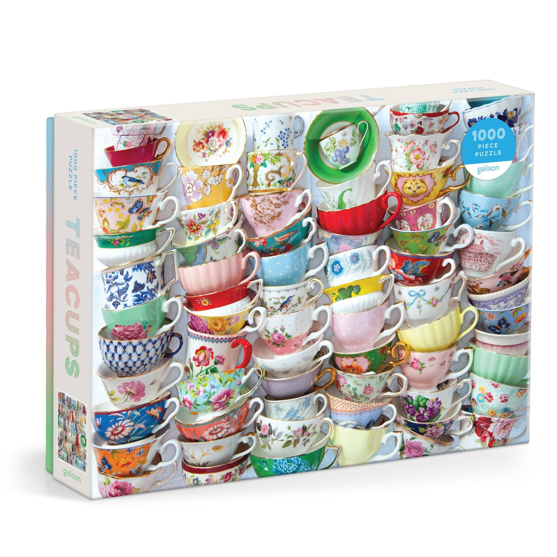 Teacups puzzle box showing a colorful vintage teapot illustration on the front cover.
