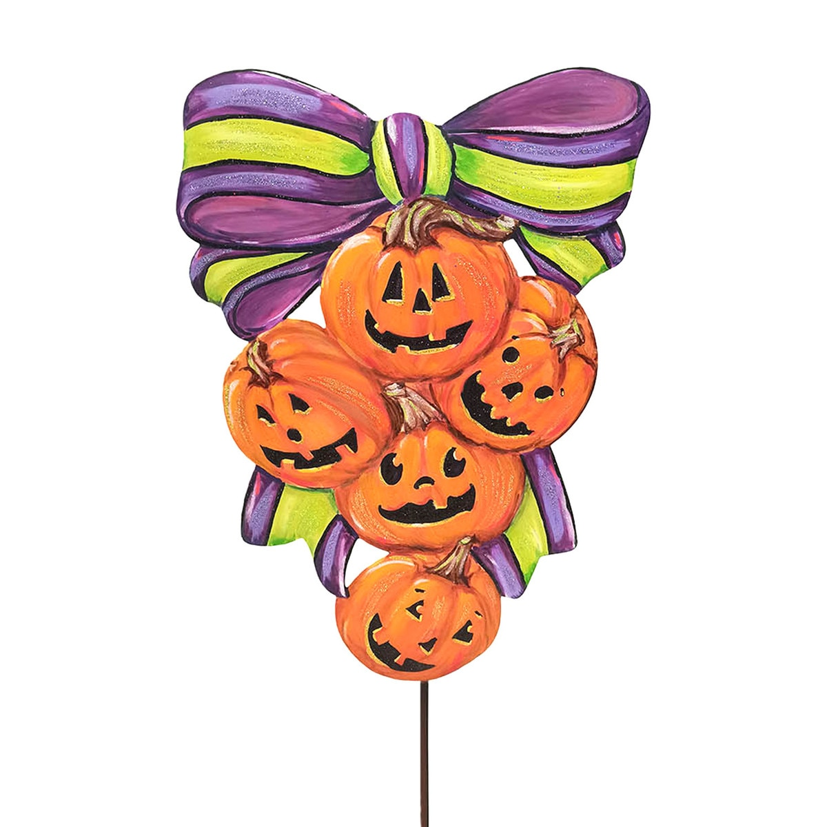 Jack O Lantern Swag metal garden stake featuring five carved pumpkins and a purple and green bow.