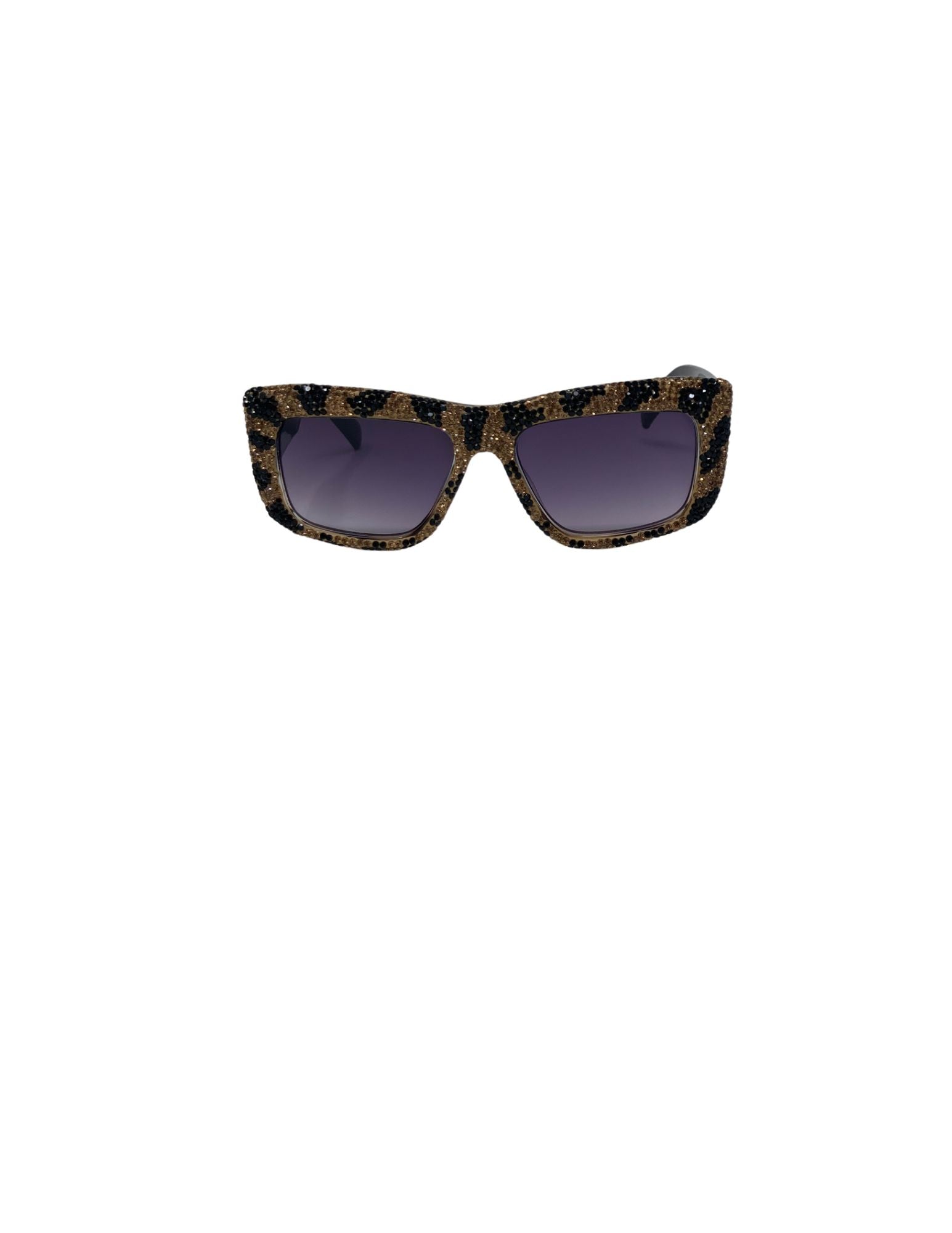 Rectangular rhinestone sunglasses with a leopard print pattern and purple gradient lenses.