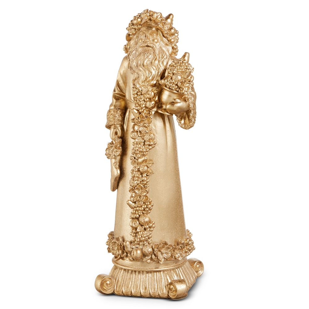 14.25-inch gold Santa figurine holding a cornucopia, standing on a decorative pedestal base.