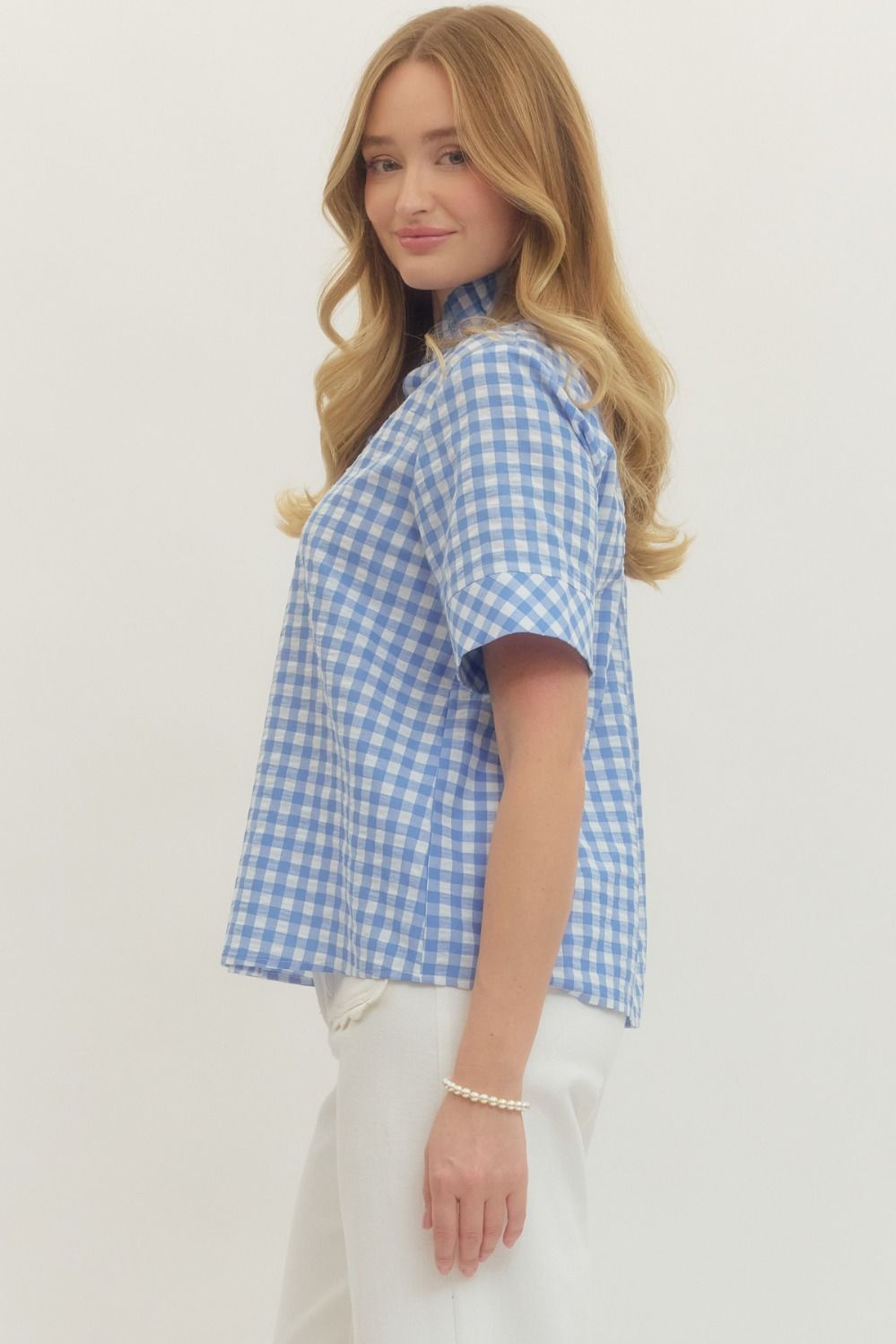 Natalie gingham short sleeve top with stand collar V-neck in white cotton