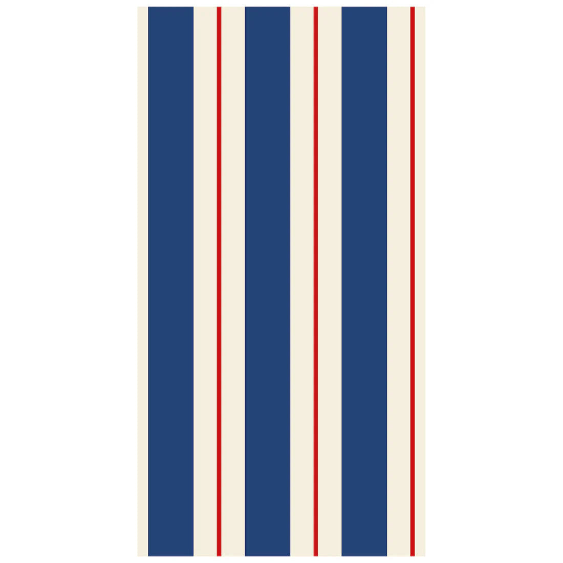 Guest napkin with a vertical striped pattern in navy blue, cream, and thin red lines.
