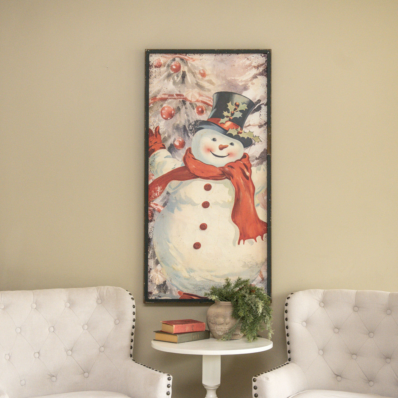 48-inch metal snowman print with holly hat on wood background