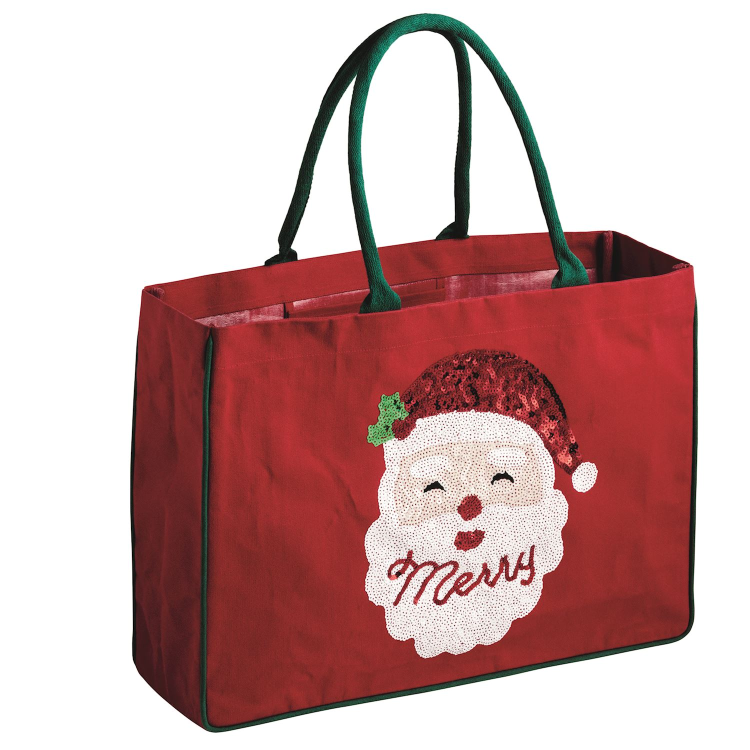 Red canvas tote bag with a sequined Santa Claus face and green rope handles.