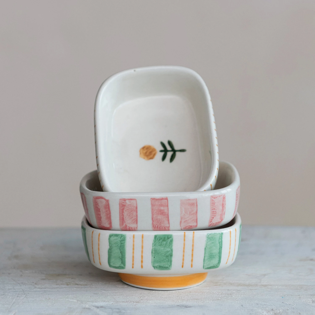 Hand-Painted Stoneware Dish with Stripes & Flower