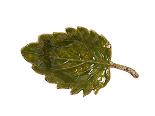 Autumn Allure Leaf Tray in green enamel with metallic gold edges and textured leaf detailing.