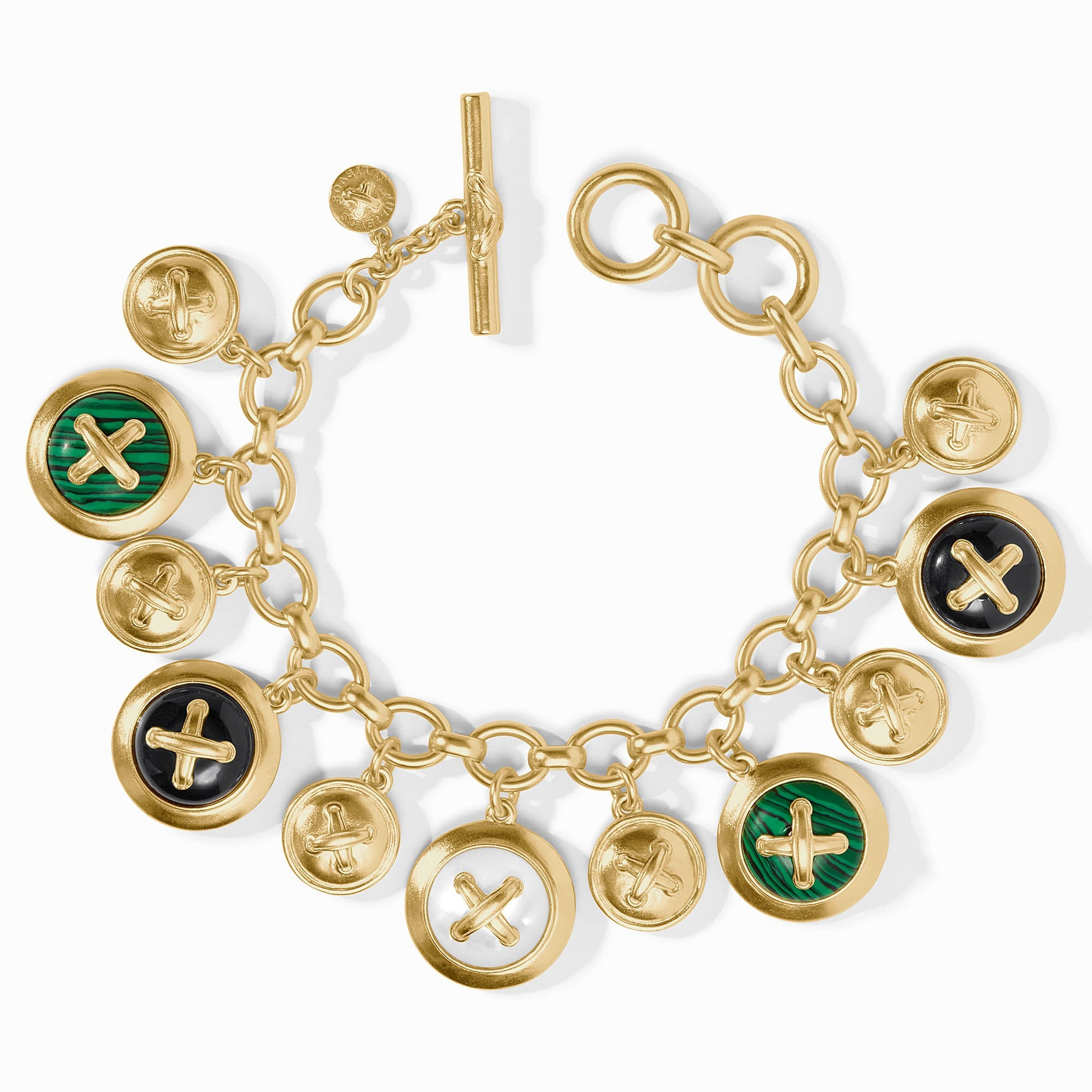 Gold charm bracelet with button-shaped charms in malachite, black glass, and mother of pearl.