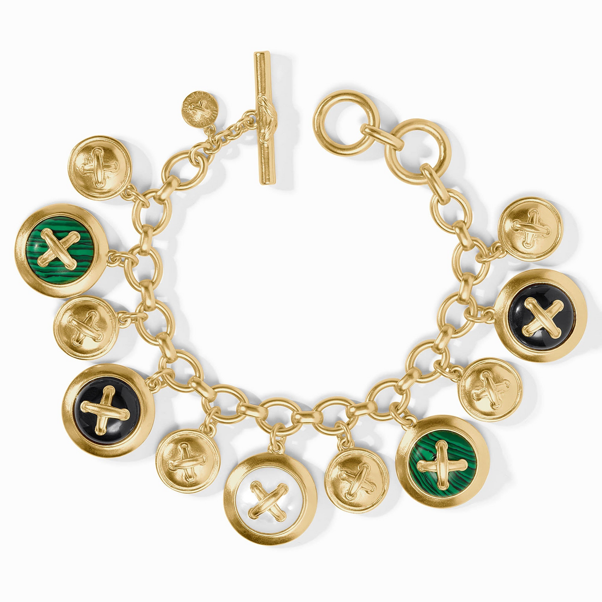 Gold charm bracelet with button-shaped charms in malachite, black glass, and mother of pearl.