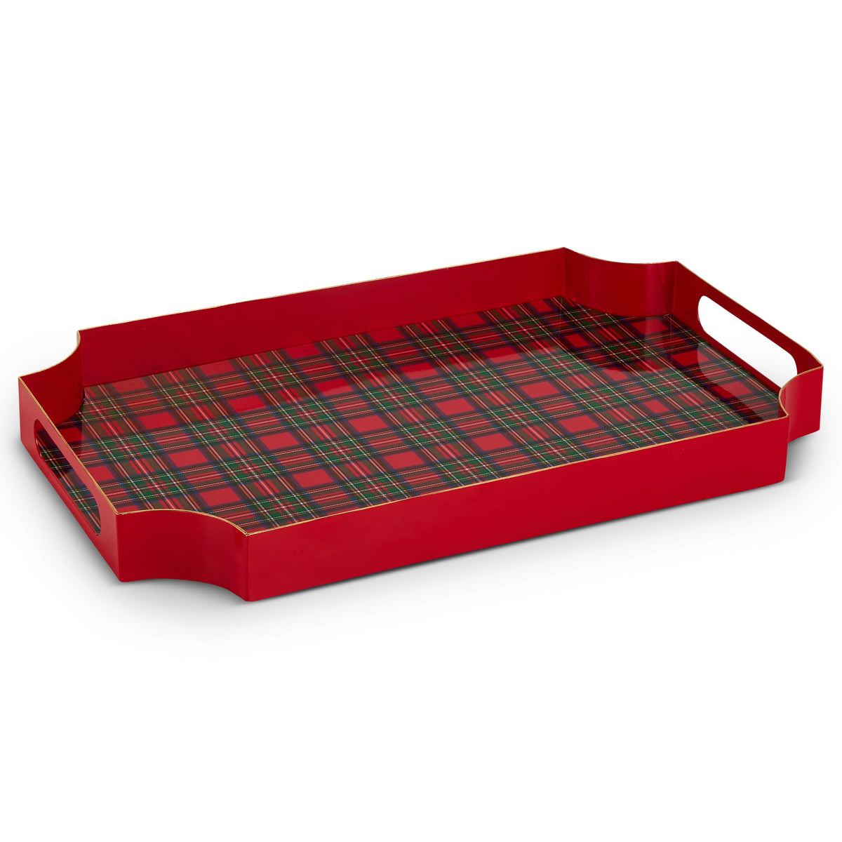 16-inch red iron tray with a classic tartan plaid pattern on the base and side handles.