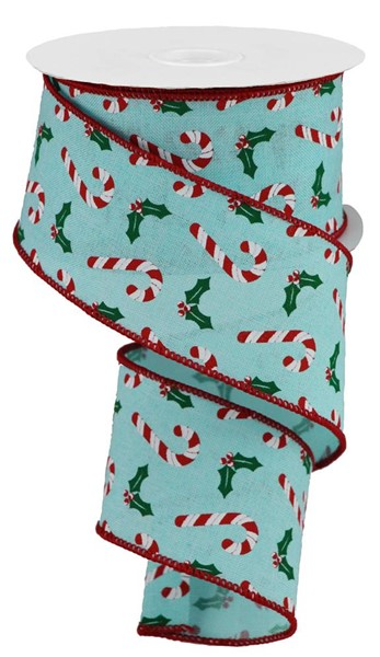 Royal red ribbon with candy cane stripes and holly leaves.
