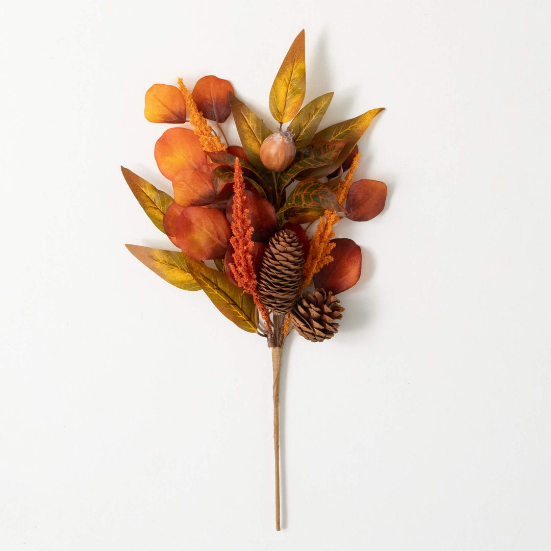 Orange polyester pick with mixed fall leaf and wheat patterns.