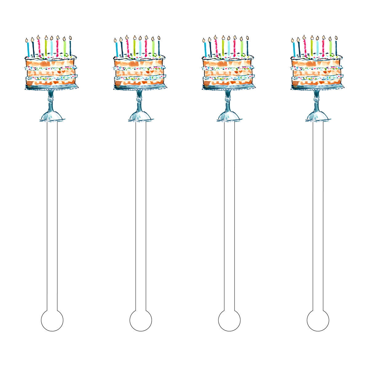 Acrylic stir stick with Happy Birthday confetti cake design on a white background.