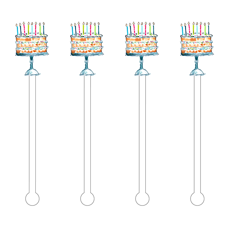 Acrylic stir stick with Happy Birthday confetti cake design on a white background.