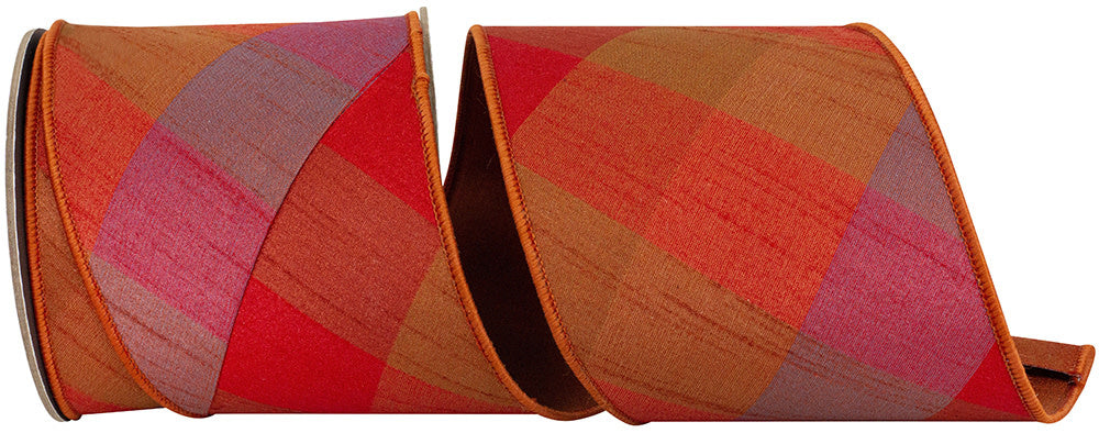 4 Inch Evening Flame Plaid Diagonal Deluxe Dupion Ribbon Wired Edge