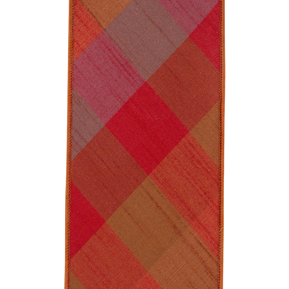 4 Inch Evening Flame Plaid Diagonal Deluxe Dupion Ribbon Wired Edge