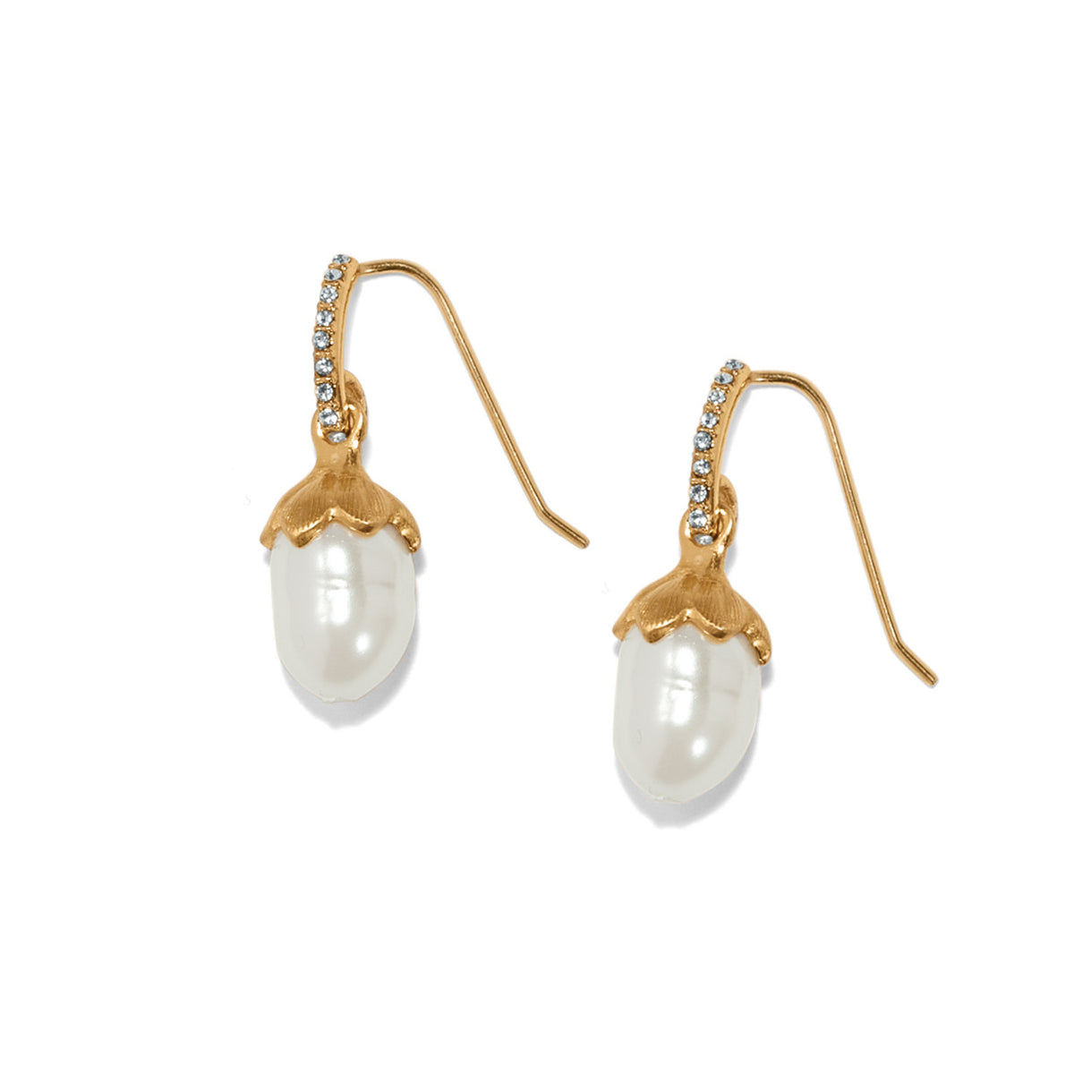 Gold-pearl French wire drop earrings featuring oval rice pearls capped with silver-plated brushed flowers.