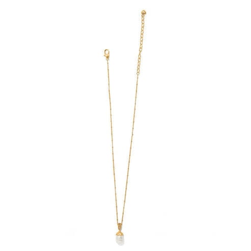 Gold-plated necklace with an oval rice pearl pendant featuring silver brushed flower accents.