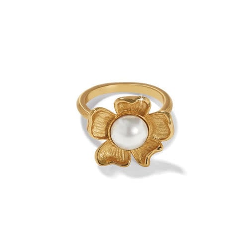 Gold-plated ring with a sculpted golden petal setting featuring a glass pearl cabochon.