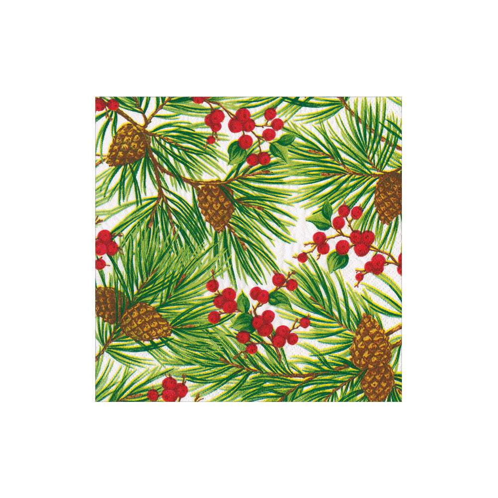 White triple-ply cocktail napkins with an evergreen leaves and berry pattern.