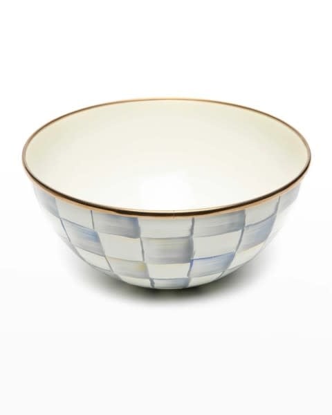 Small hand-glazed steel bowl with grey checkered enamel interior and bronzed stainless rim