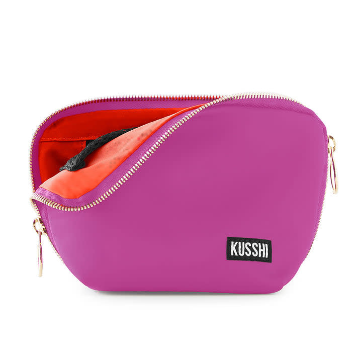 Fabric Everyday Makeup Bag in bubblegum pink with gold hardware