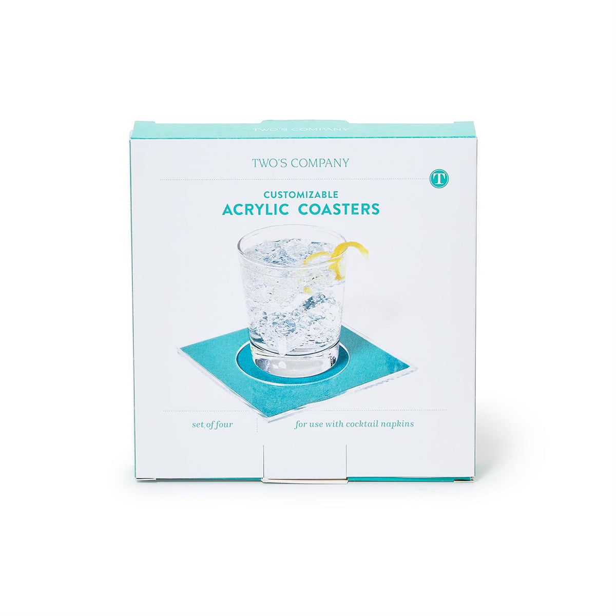 Set of 4 clear acrylic cocktail coasters in a white and teal gift box.