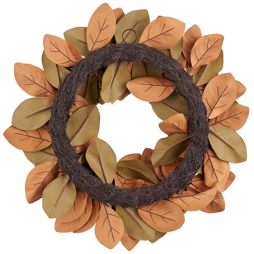 26-inch wreath featuring green and brown magnolia leaves with a rustic twig base.